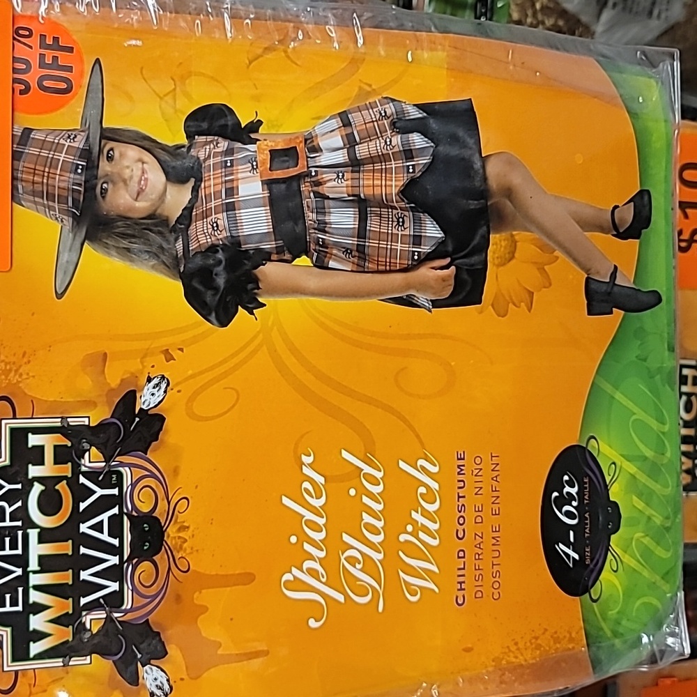 Spider Plaid Witch child costume 4-6 black orange Plaid